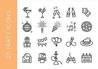 Party, Birthday icons. Set of 20 party trendy minimal icons. Confetti, Music, Gift, Gamepad, Hookah icon. Design signs for banner, invitation, flyer, web page, mobile app. Vector illustration