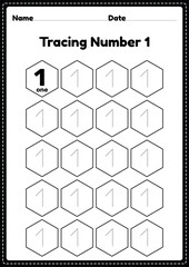 Tracing number 1 worksheet for kindergarten and preschool kids for educational practice in a printable page.