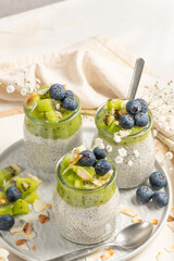 Healthy breakfast chia pudding with kiwi, blueberries and coconut slices, three portions in glass jars on a white table.