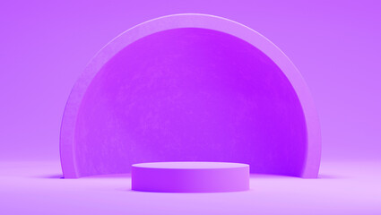 3D mock up podium in in purple, lilac colors palette with a hemisphere or an arch. Abstract bright neon trendy background in mid century style. Render scene for product presentation in minimalism.