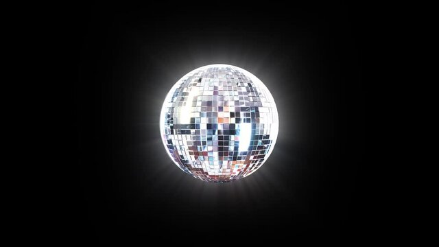 3D animation of shiny disco ball spinning on the spot in an endless loop. Bright sparkly ball on a black background
