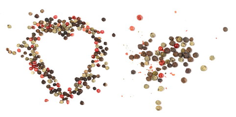 Colorful pepper in shape heart isolated on white background, top view