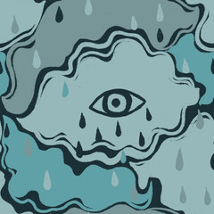 seamless pattern with clouds eye raindrops