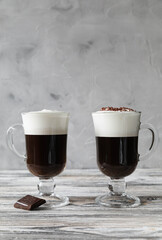 Irish coffee with chocolate and chocolate chips with a chocolate