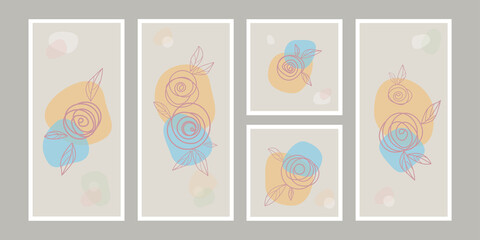 Set of abstract trendy minimalist illustrations. Poster with floral rose outline pastel beige simple shape. Good for cover, invitation, wall decoration, poster, card.
