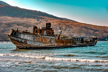 
An old animal schooner after a shipwreck in a bay of the sea of ​​Japan /
abandoned ship...