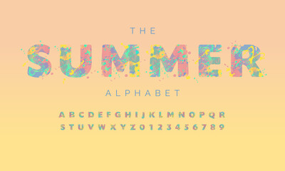 Vector alphabet with multicolored spots of paint on peach yellow background. Summer season set of letters and numbers. Design for banners, flyers, tags, decorations, poster or invitation.