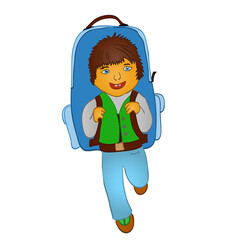 Boy going to school with a large backpack. Vector illustration isolated on white background.