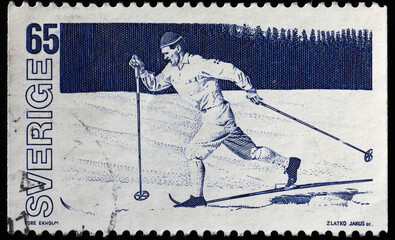 Cross-country ski racer on old swedish postage stamp