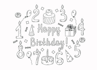 Happy birthday set with icons on the theme of the holiday. Figures and text. Vector illustration in doodle style. Decor for the design of invitations, cards, posters. The background is isolated.