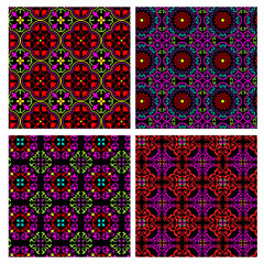 neon bright ornate seamless tile patterns on black backgrounds
