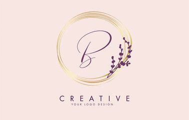 Handwritten B Letter logo design with golden circles and purple leaves on branches around. Vector Illustration with B letter.