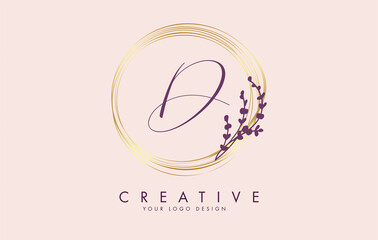 Handwritten D Letter logo design with golden circles and purple leaves on branches around. Vector Illustration with D letter.