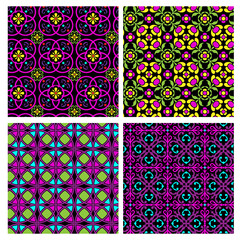 neon mod rnate seamless geometric and floral tile patterns on black backgrounds