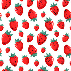 Seamless vector pattern with juicy strawberries. Red berries with green leaves on a white background.