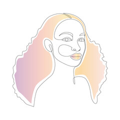 African woman face line drawing. Minimalistic abstract women portrait continuous line art with pastel shapes for logo, prints, tattoos, posters, textiles, postcards. Vector illustration