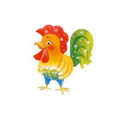Cartoon colorful rooster in winter snowflakes, gouache picture, hand-drawn.