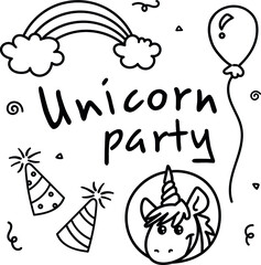 Obraz premium Doodle unicorn party. Рappy birthday. Vector illustration for kid
