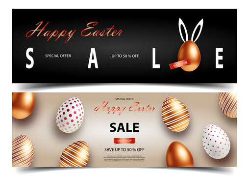 Easter Sale white, black and rose gold posters or flyers design set with eggs and rabbits ears. Place for your text.