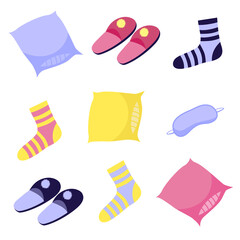 A set of textile items for the home. Vector illustration with pillows, striped socks, sleep mask and slippers. Pattern with cozy home elements and acsessory for sleep