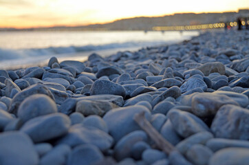 Sunset on the French Riviera (Cote d'Azur). Pebble beach. Nice