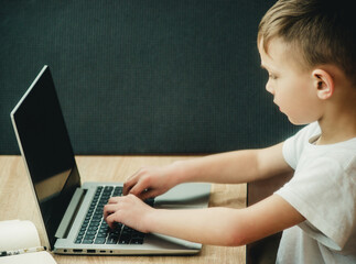 little boy at laptop on gray background