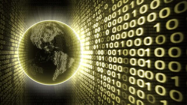 Earth Planet with Binary Code Yellow Background. Loop Animation