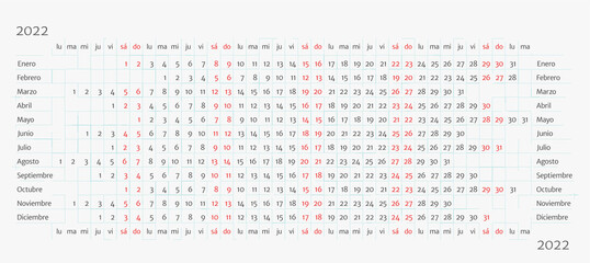 Calendar 2022 in Spanish on light background. 12 months line by line. Linear calendar of 2022 year. Simple and clean horizontal Stock vector template