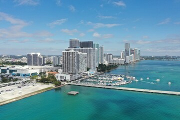 Aerial view of waterfront buildings on Intracoastal Waterway in Miami Florida.