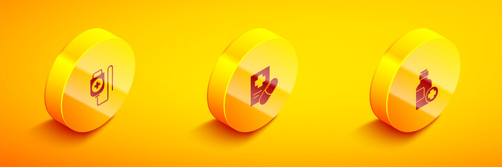 Set Isometric IV bag, Medical prescription and Bottle of medicine syrup icon. Vector