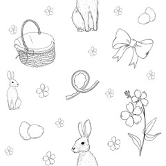 graphic pattern, seamless pattern with basket, flowers, spring holiday, forget-me-not, easter bunny, digital paper