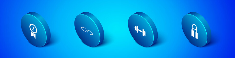 Set Isometric Medal, Dumbbell, Sport expander and Glasses for swimming icon. Vector