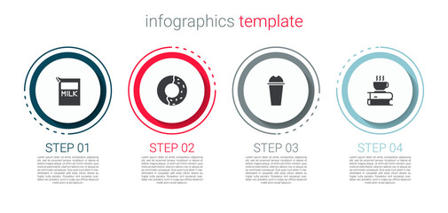 Set Paper package for milk, Donut with sweet glaze, Milkshake and Coffee cup and book. Business infographic template. Vector