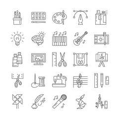 Large set of black and white line drawn creativity icons