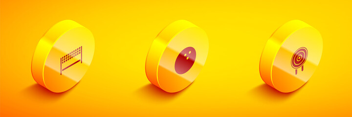 Set Isometric Ribbon in finishing line, Bowling ball and Target sport icon. Vector