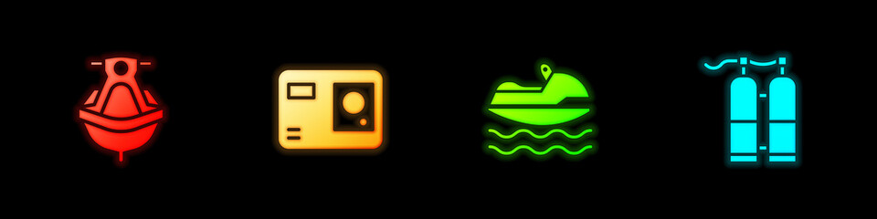 Set Jet ski, Action extreme camera, and Aqualung icon. Vector