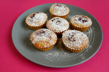 close up six round pumpkin muffins sprinkled with powdered sugar lie on a gray round plate on a pink background side view . cooking at home