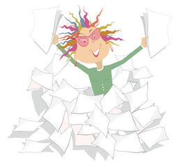 Businesswoman and a pile of papers or documents illustration. Pretty smiling woman with papers in both hands arises from a big pile of papers or documents isolated on white