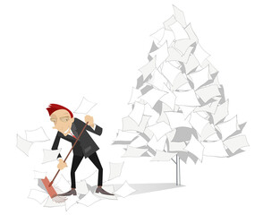 Fototapeta premium Tidying up businessman illustration. Man sweeps papers in the office and makes a paper tree 