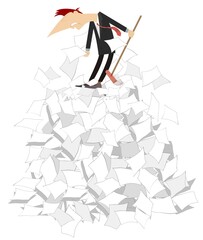 Cartoon man tidying up papers illustration isolated. Cartoon man holds a broom and stays on a big pile of papers concept isolated on white illustration 