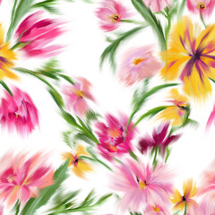 Trendy elegant floral seamless pattern. Defocused bright garden flowers with blooming buds. Blurred summer botanical ornament for fashion design, textile and fabric.