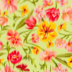 Obraz na płótnie Canvas Trendy elegant floral seamless pattern. Defocused bright garden flowers with large blooming buds. Blurred summer botanical ornament for fashion design, textile and fabric.
