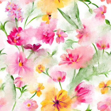Trendy abstract floral seamless pattern. Defocused bright garden blossom flowers with large buds. Blurred summer botanical ornament for fashion design, textile and fabric.