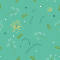 Fototapeta na wymiar Floral spring seamless botanical pattern wallpaper with hand drawn flowers on teal background.