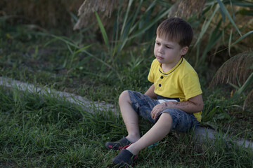 Naklejka na ściany i meble a child in shorts, a yellow T-shirt sits on the curb near the tall green grass and is sad