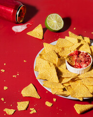 Nachos chips lie on a plate on a red background. Nearby is a spilled can of beer and lime. Sauce for an appetizer made from tomatoes. Mexican food. Beer snack. Juicy photography makes you appetite.