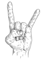 Rock and Roll hand sign. Vintage monochrome gray hatching illustration