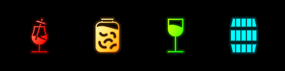 Set Cocktail, Pickled cucumbers in jar, Wine glass and Wooden barrel icon. Vector