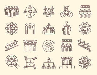 Obraz premium Large set of line drawn teamwork and business personnel icons