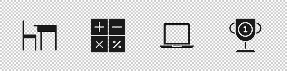 Obraz premium Set School table and chair, Calculator, Laptop and Award cup icon. Vector